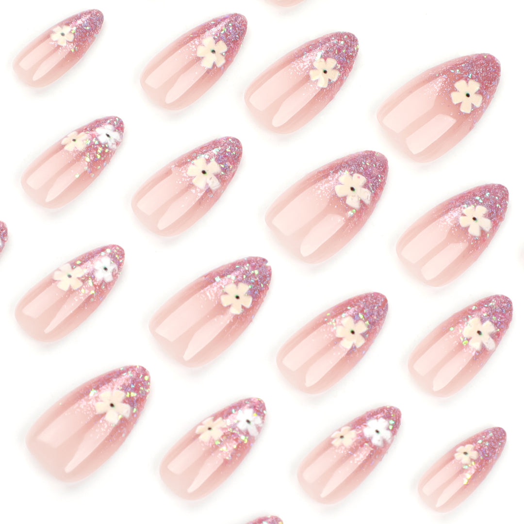 Glamorous nail extensions with glittering and floral design Bowlift