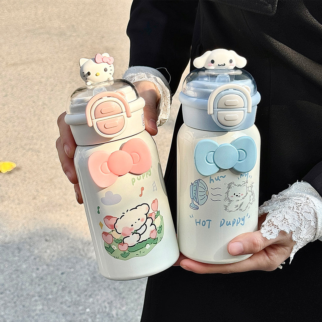 Women's creative water bottle with interactive lid and cute Bowlift design