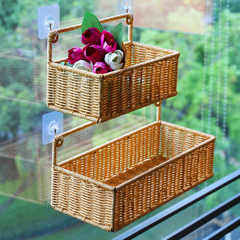 Double-Tier Woven Storage Basket with Handle Bowlift