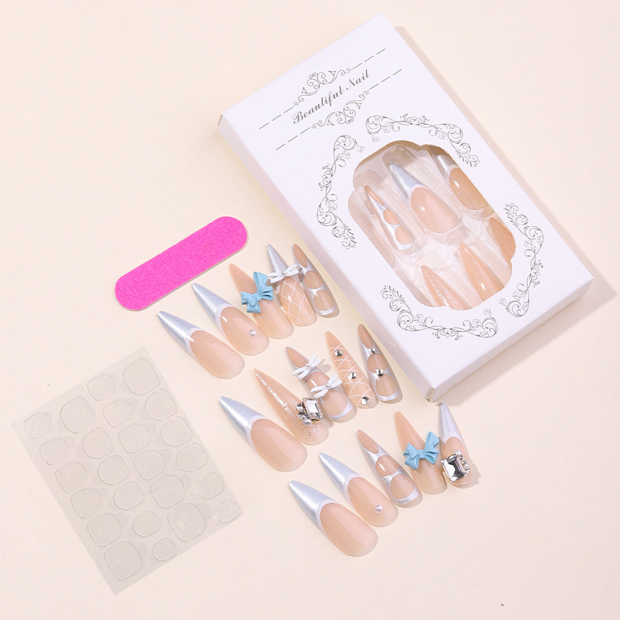 Decorative Press-On Nail Art Set with Unique Gem and Bow Accents Bowlift