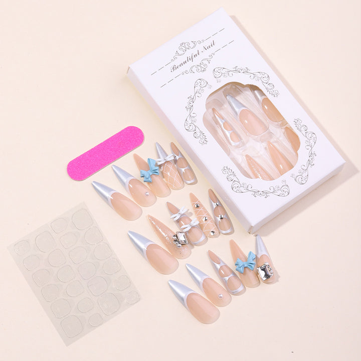 Decorative Press-On Nail Art Set with Unique Gem and Bow Accents Bowlift