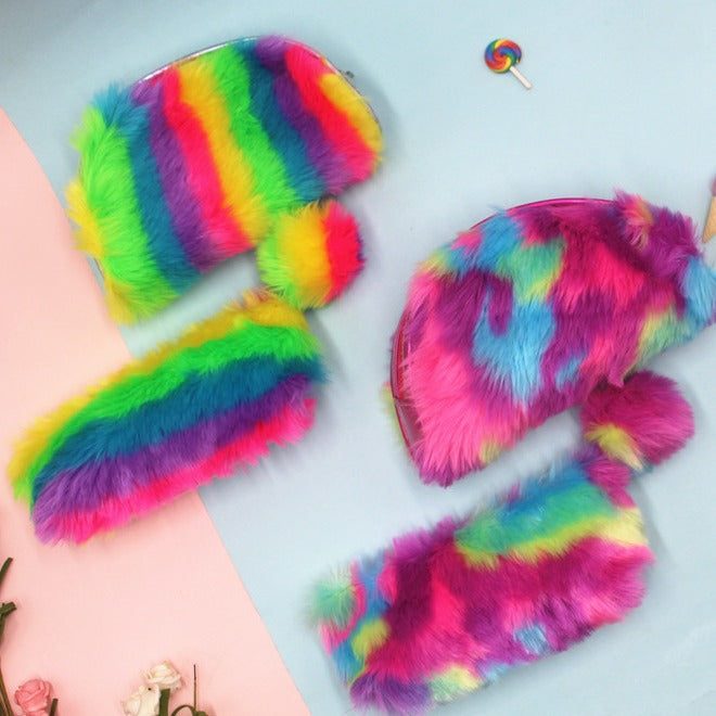 Furry Multicolored Plush Pencil Case Bowlift