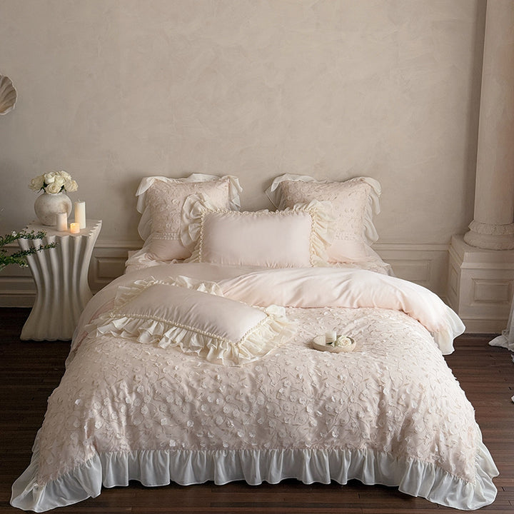 Embroidered Ruffled Duvet Cover Set with Floral Appliqué