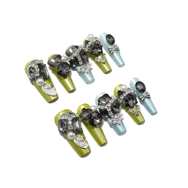Glamorous Art Nails with Rhinestones and Pearls Bowlift