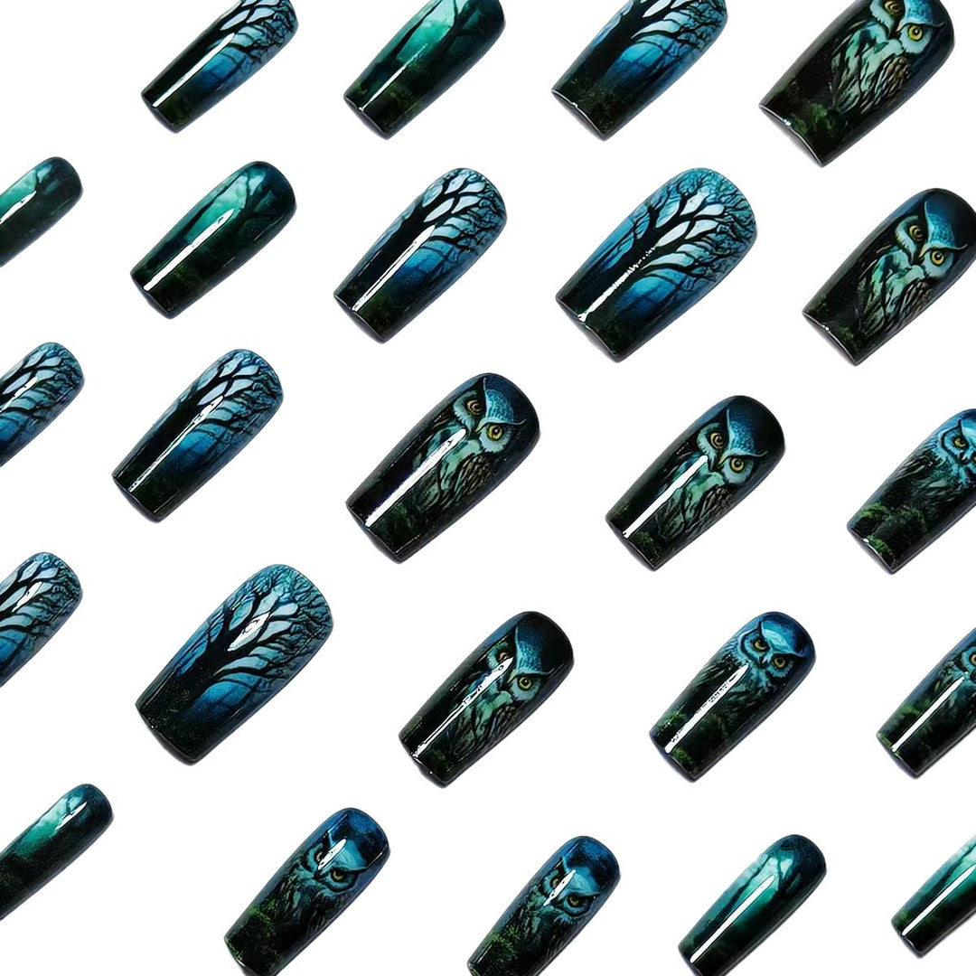 Artificial nails with elegant owl and forest motif Bowlift