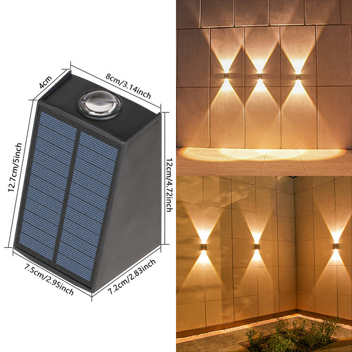 Angled Bi-Directional Solar LED Wall Uplight-Downlight With Integrated Photovoltaic Panel And Prism Lens Bowlift
