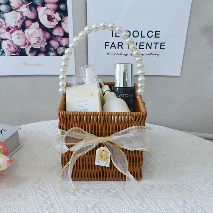 Chic Woven Handbag with Pearl Accent Bowlift