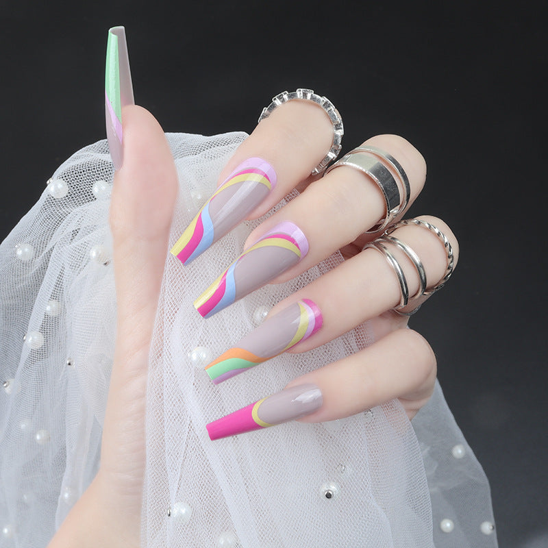 Artistic Long Stiletto Press-On Nails with Colorful Patterns Bowlift