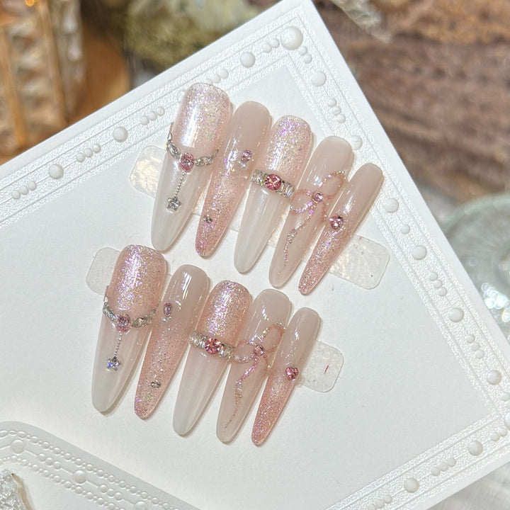 Glamorous Stiletto Press-On Nail Art Set with Sparkling Rhinestones Bowlift
