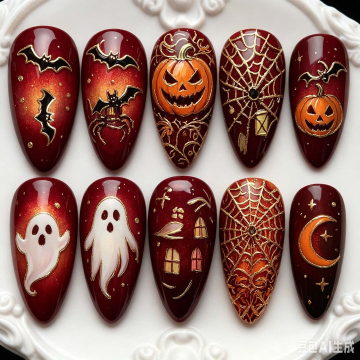 Halloween-Themed Ghost and Cat Press-On Nail Art Set Bowlift