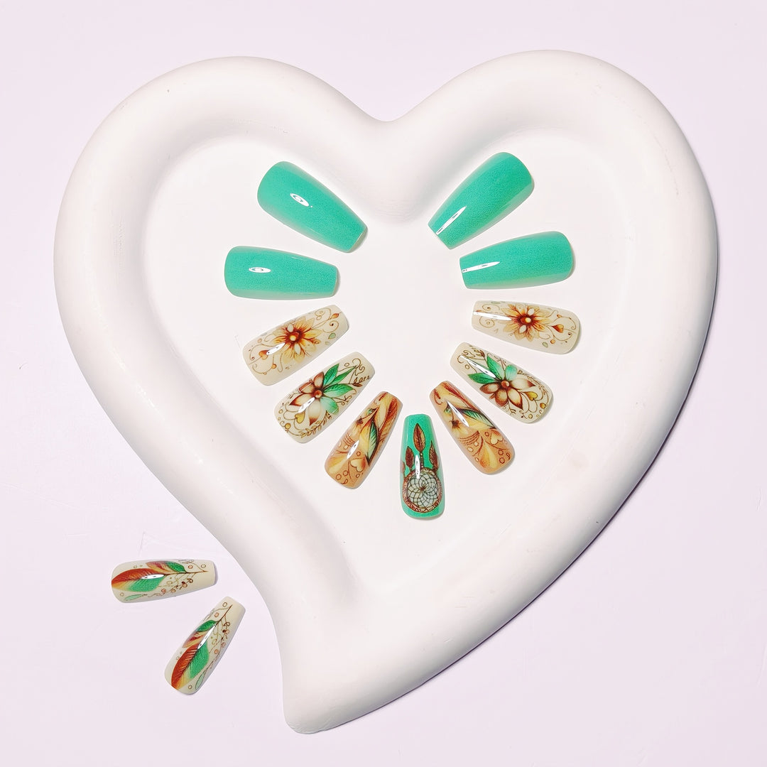 Creative artificial nails with floral and dreamcatcher design elements Bowlift