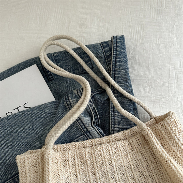 Textured Knit Tote Bag with Leather Accent
