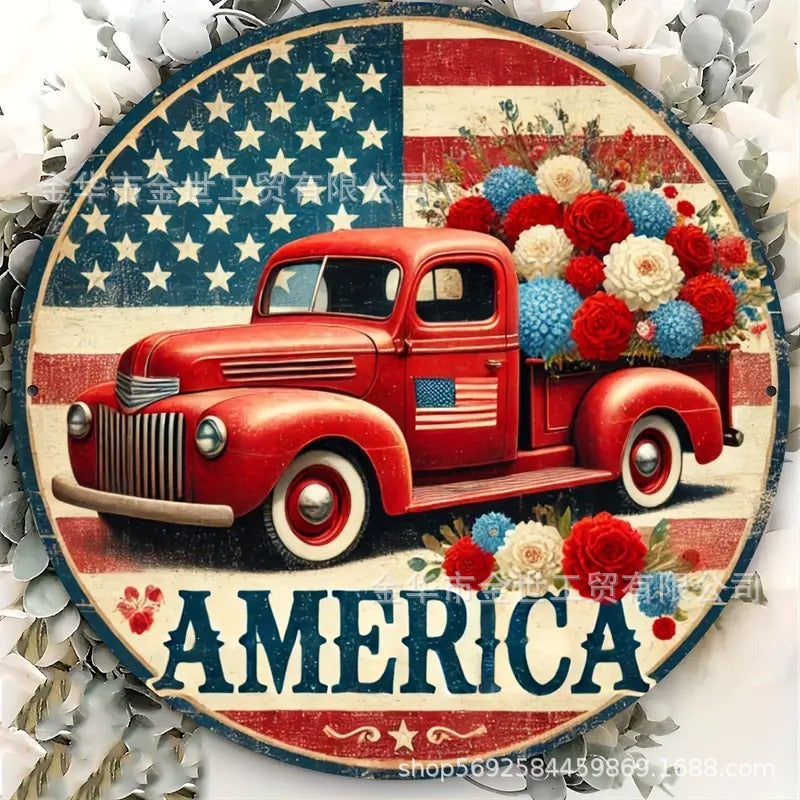 Independence Day rustic round wooden patriotic cross wall plaque with floral accents and God Bless America banner Bowlift