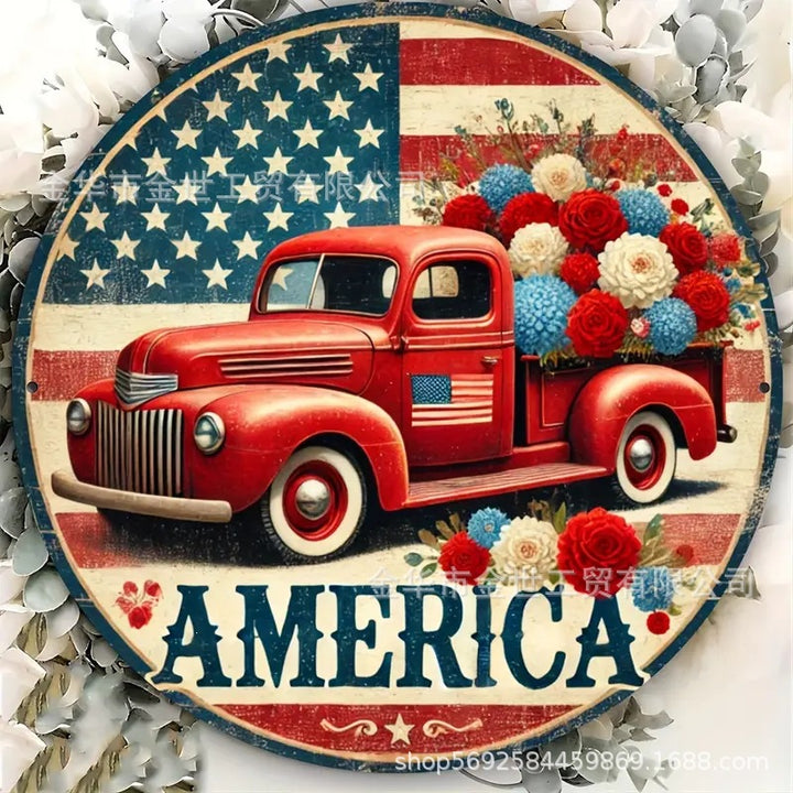 Independence Day rustic round wooden patriotic cross wall plaque with floral accents and God Bless America banner Bowlift
