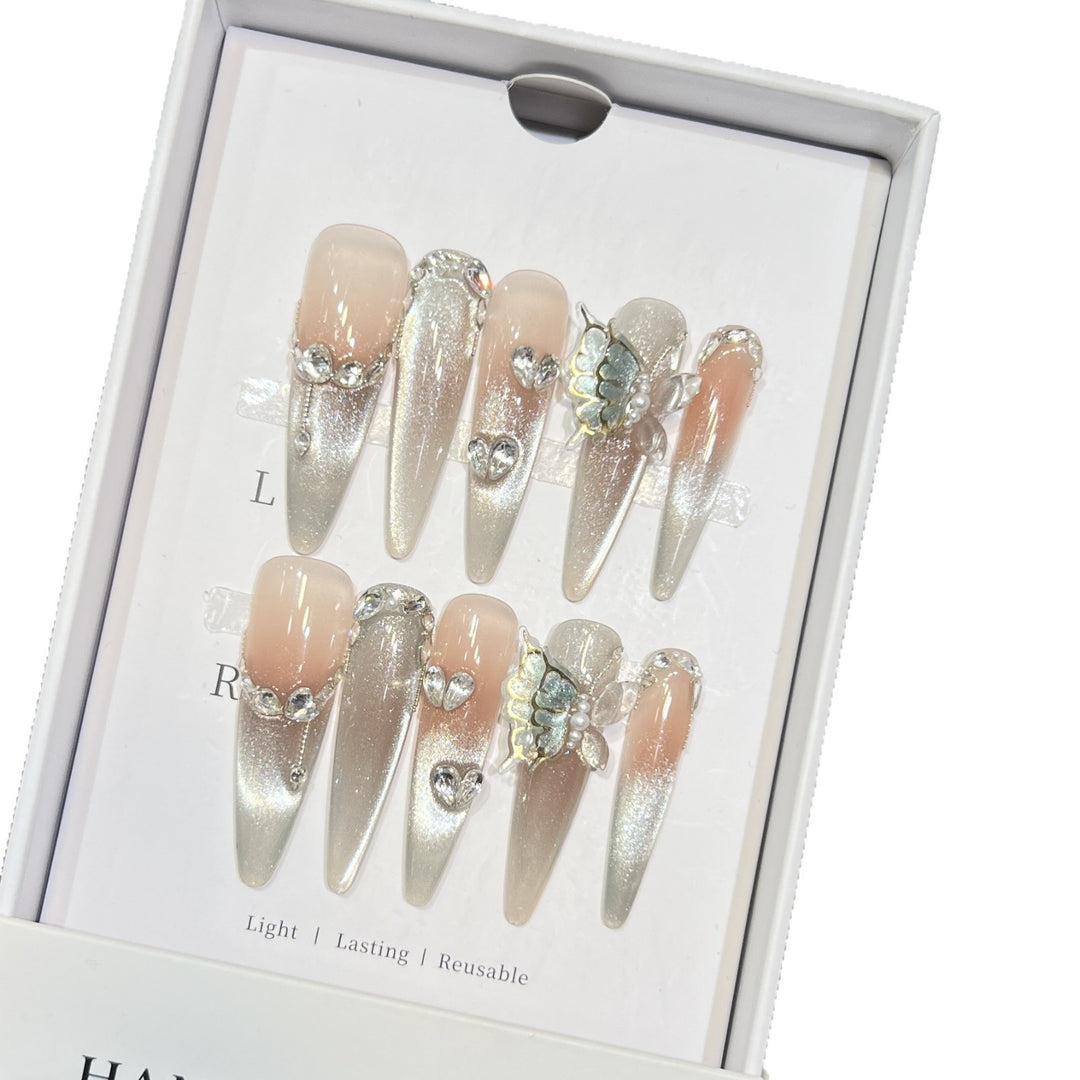 Decorative Stiletto Press-On Nail Art Set with Butterfly Accents Bowlift