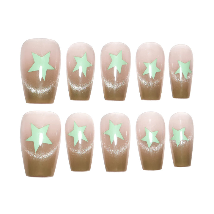 Artificial nail extensions with shimmer effect and star motifs Bowlift