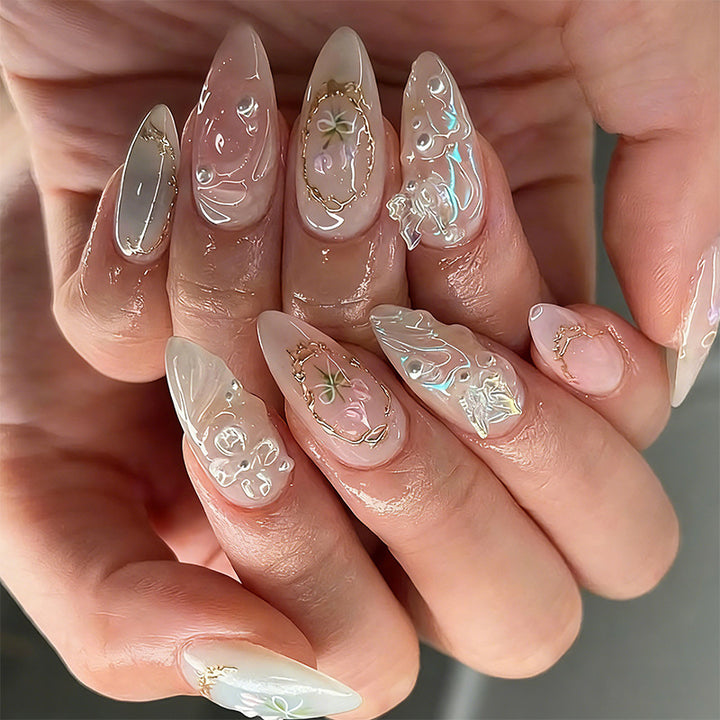 Elegant artificial nails with holographic and floral decorations Bowlift