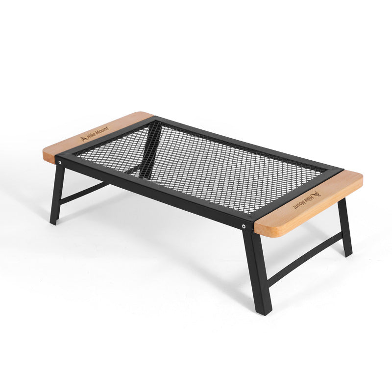 Portable Folding Camping Mesh Grill Table with Wooden End Panels Bowlift