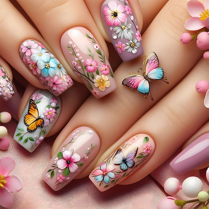 Artificial nail set with floral motifs and butterfly design Bowlift