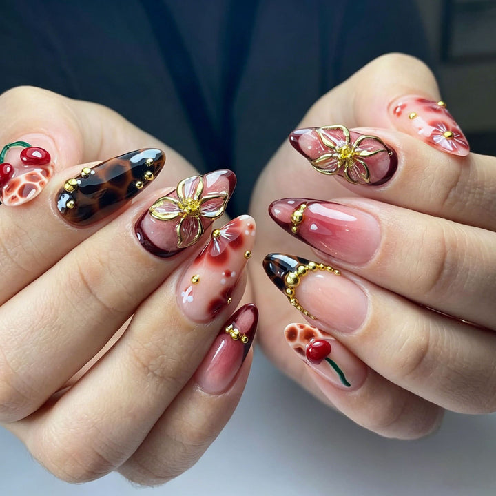Artificial nail set with elegant floral designs and glitter effect Bowlift