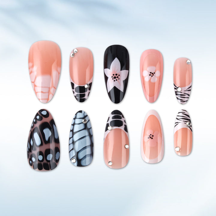 Artistic Press-On Nail Set with Floral and Textured Design Bowlift