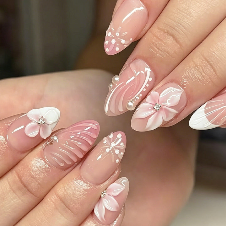 Acrylic nail set with elegant 3D flowers and embellished details Bowlift