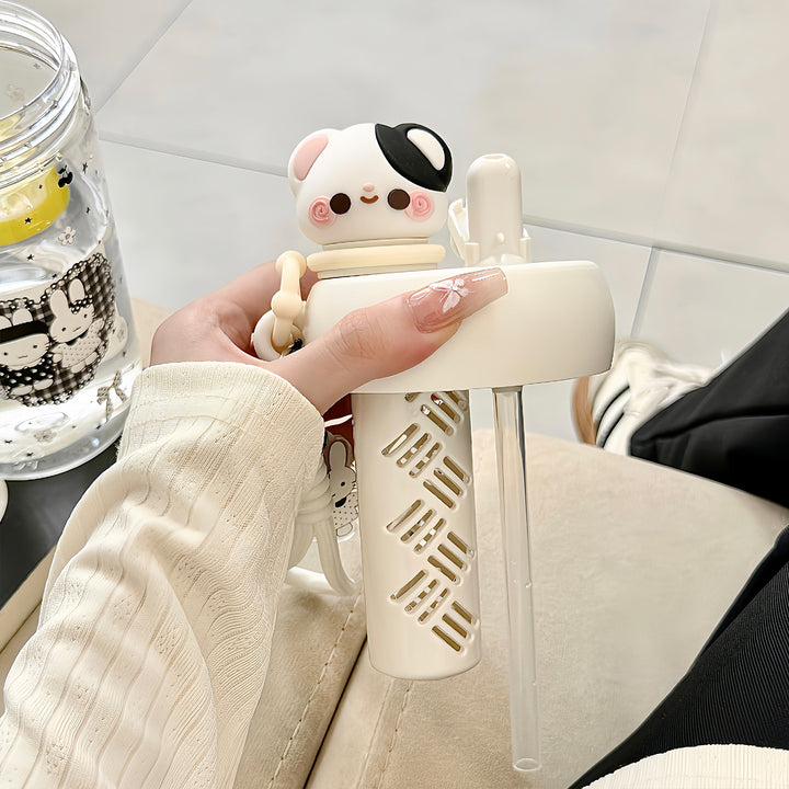 Ladies' water bottle with animal motifs and integrated straw Bowlift