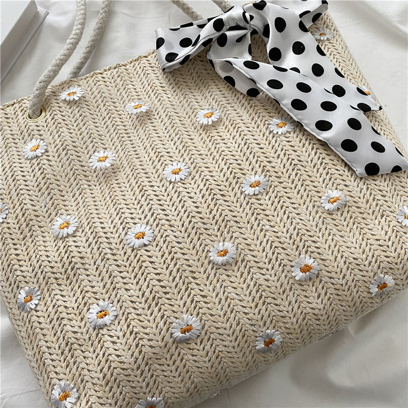 Straw Beach Tote Bag with Decorative Scarf