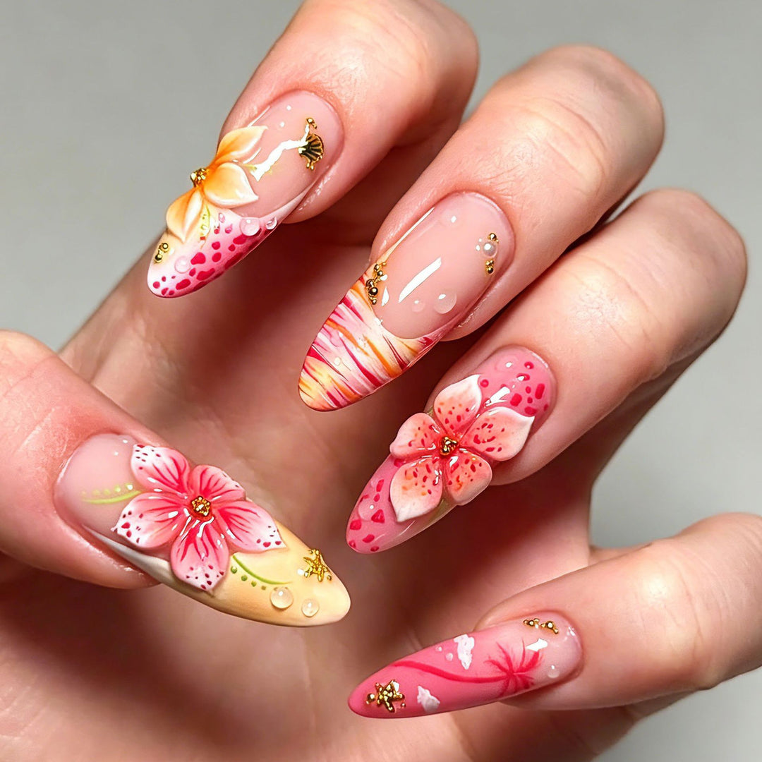 Artificial nails with floral embellishments and glitter accents Bowlift