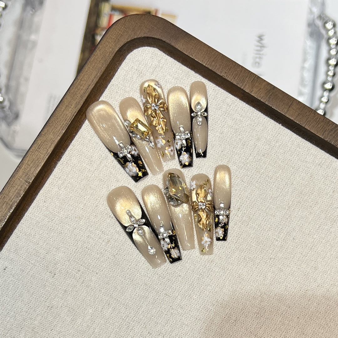 Elegant Decorative Press-On Nail Art Set with Rhinestone and Floral Accents Bowlift