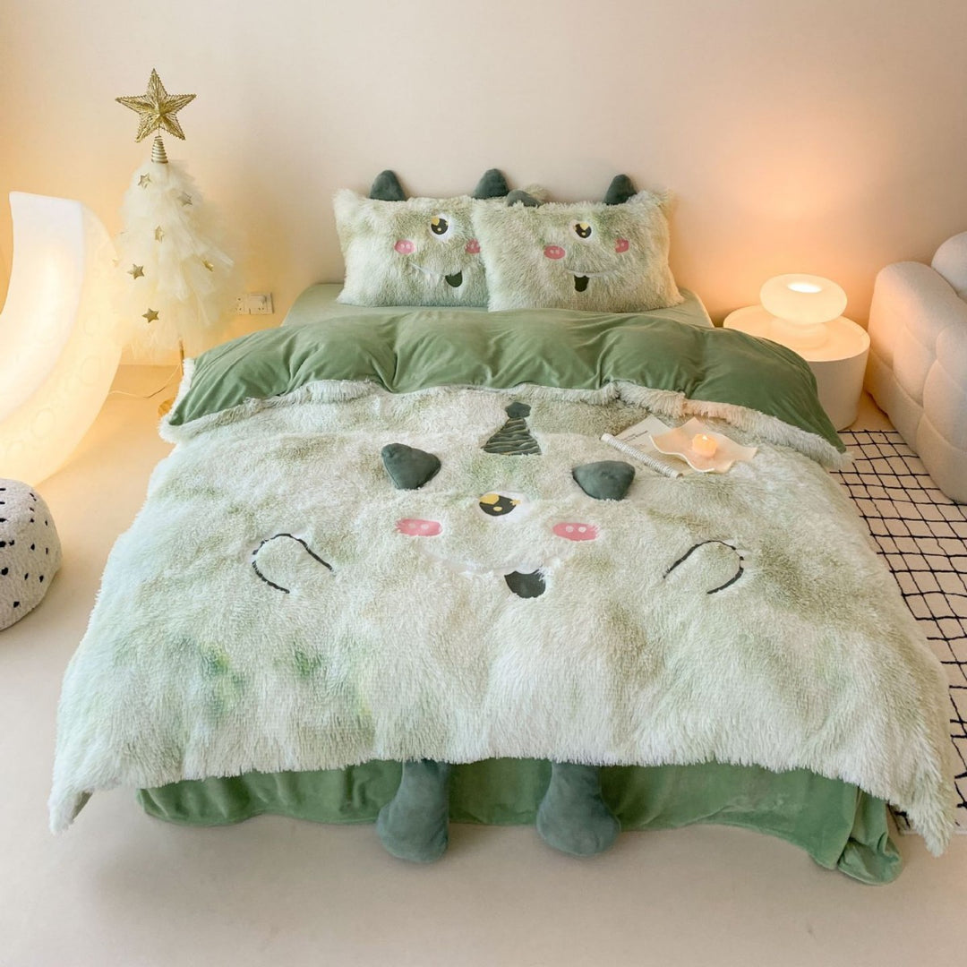 Plush bedding set with 3D monster appliqués and soft fleece