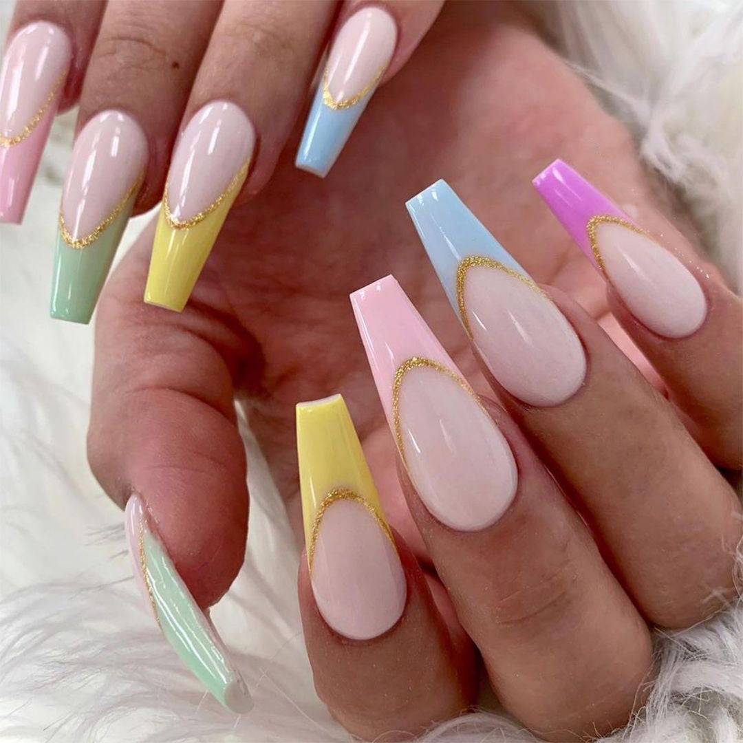 Artful Nail Extensions with Modern Color Design and Glitter Bowlift