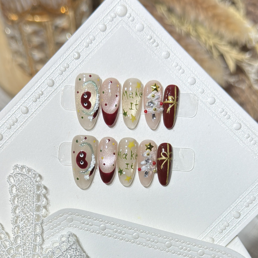 Festive Press-On Nail Art Set with Holiday Designs Bowlift