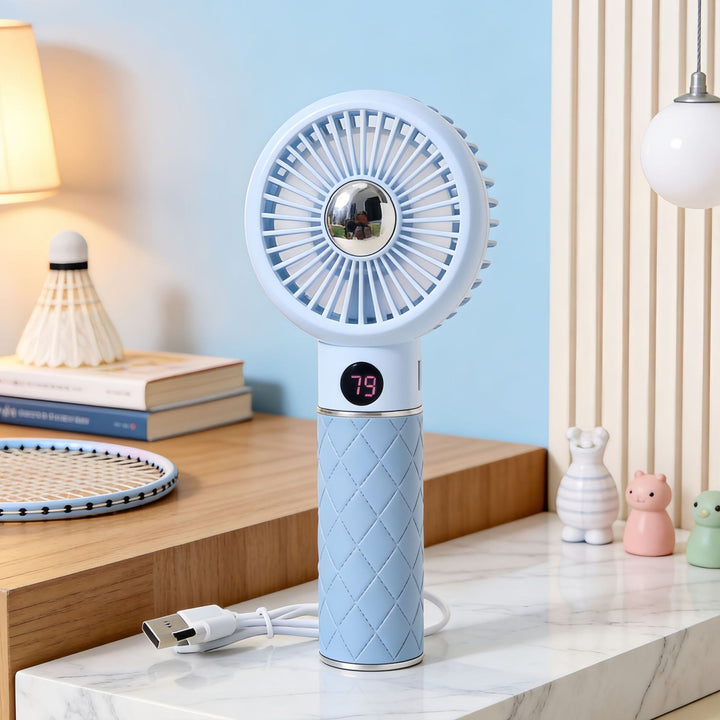 Women's portable mini hand fan with flexible tilt function and digital display Bowlift