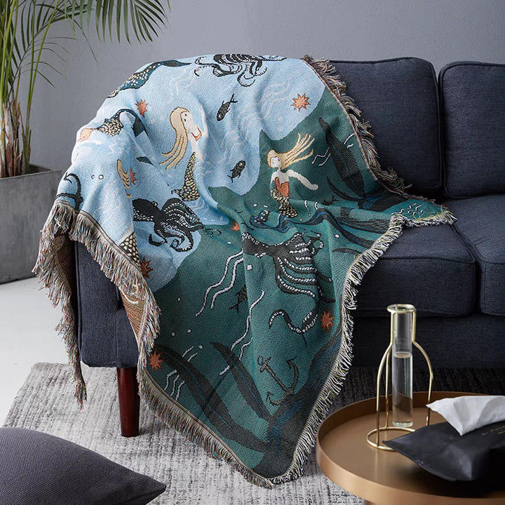 Artistic Mermaid-Themed Woven Throw Blanket