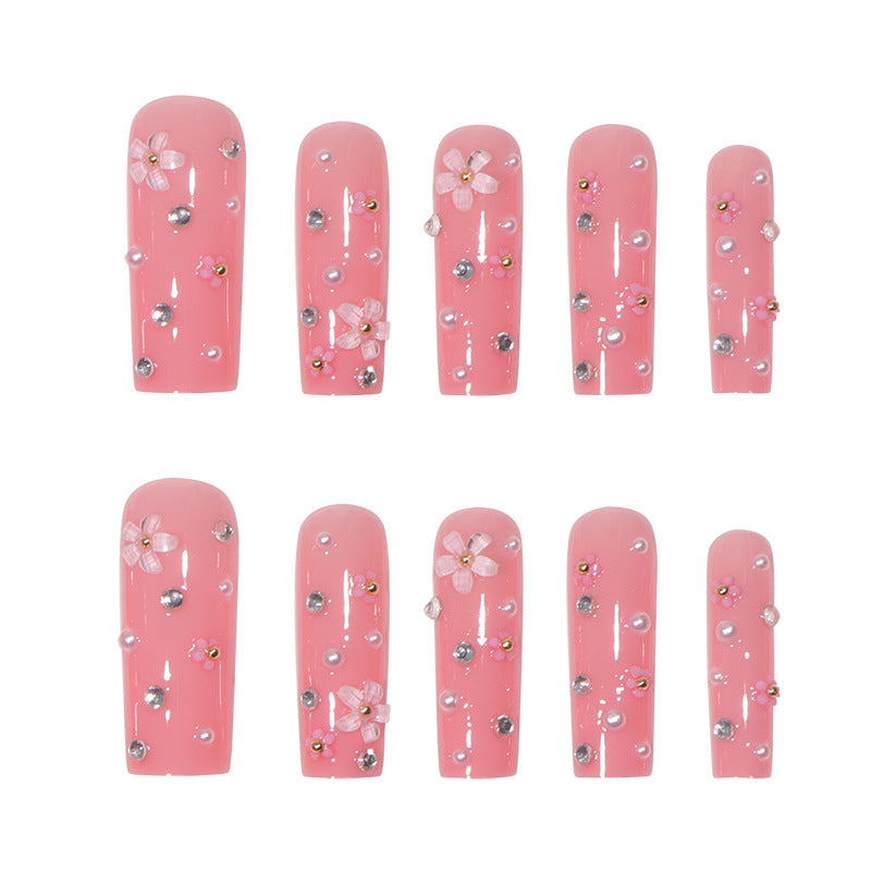 Decorative Long Press-On Nail Set with Floral Accents Bowlift