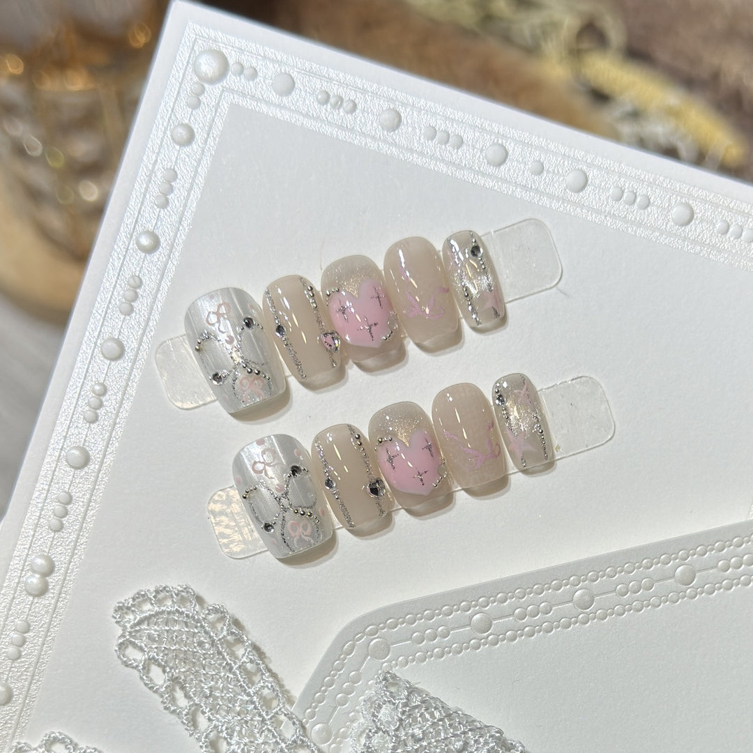 Artistic Heart-Embellished Press-On Nails