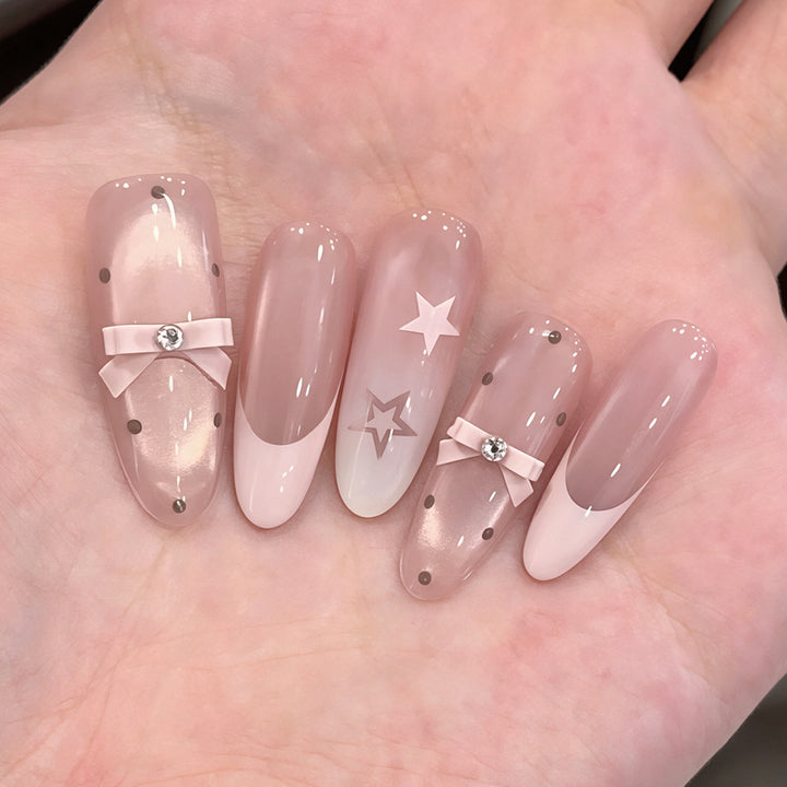 Decorative Press-On Nail Set with Bow and Star Designs Bowlift
