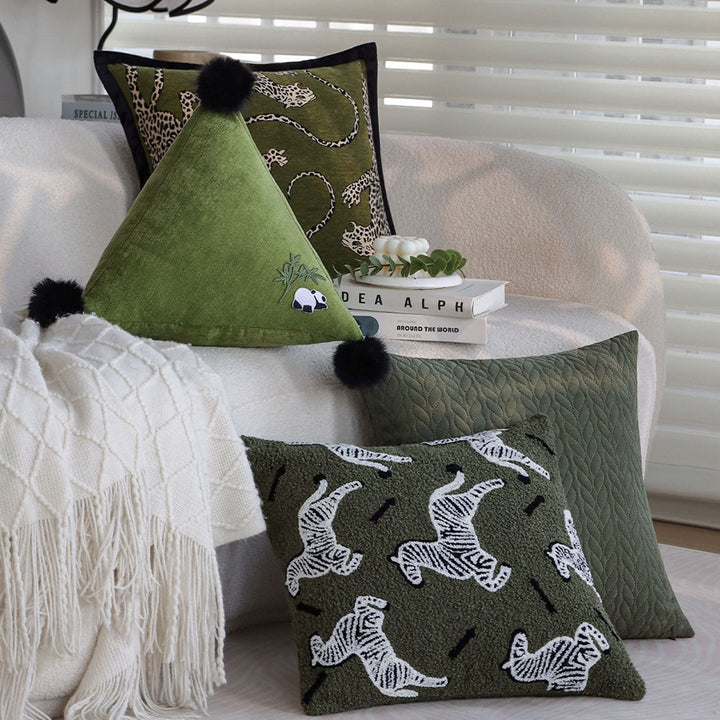 Triangular Decorative Back Cushion with Panda Embroidery and Fluffy Pom Poms Bowlift