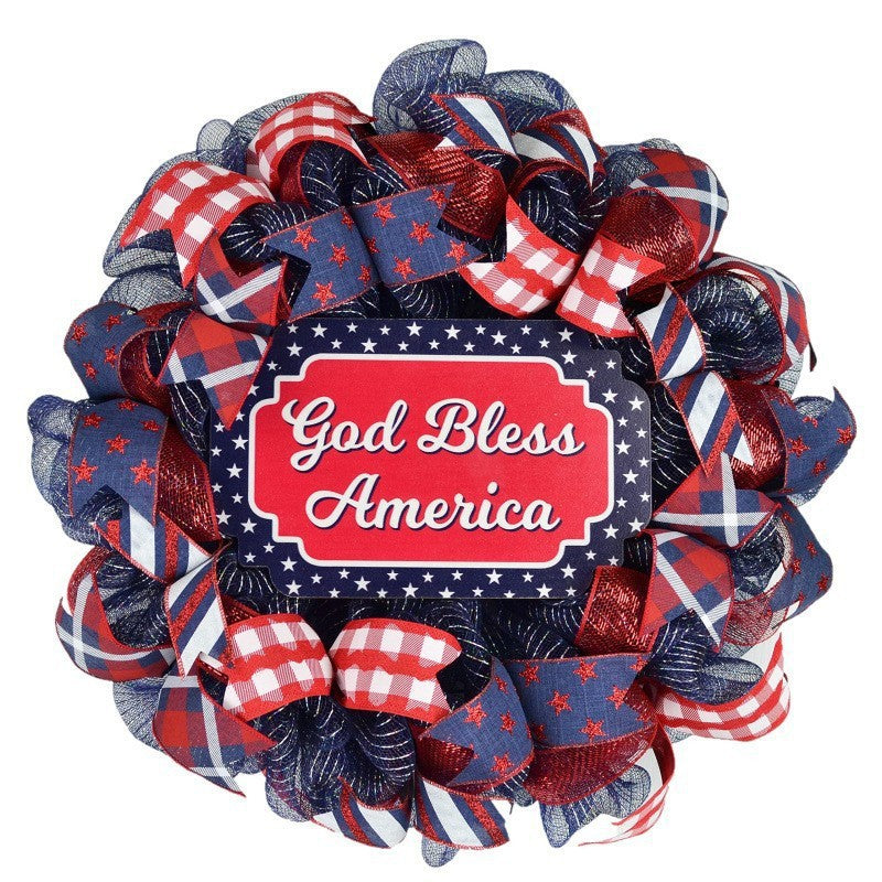 Unisex decorative country house door wreath with overlapping wooden stars and multiple ribbon bows Bowlift