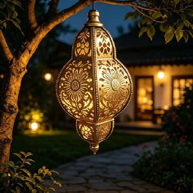 Ornate Moroccan Cutout Metal Hanging Pendant Light With Decorative Shadow Projection And Ceiling Canopy Bowlift