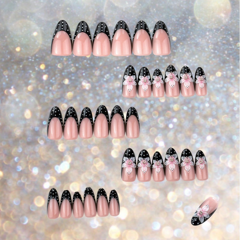 Artistic Press-On Nail Set with Floral Accent Bowlift