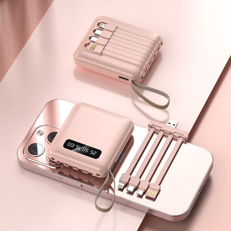 Compact power bank with integrated charging cable system and digital display Bowlift