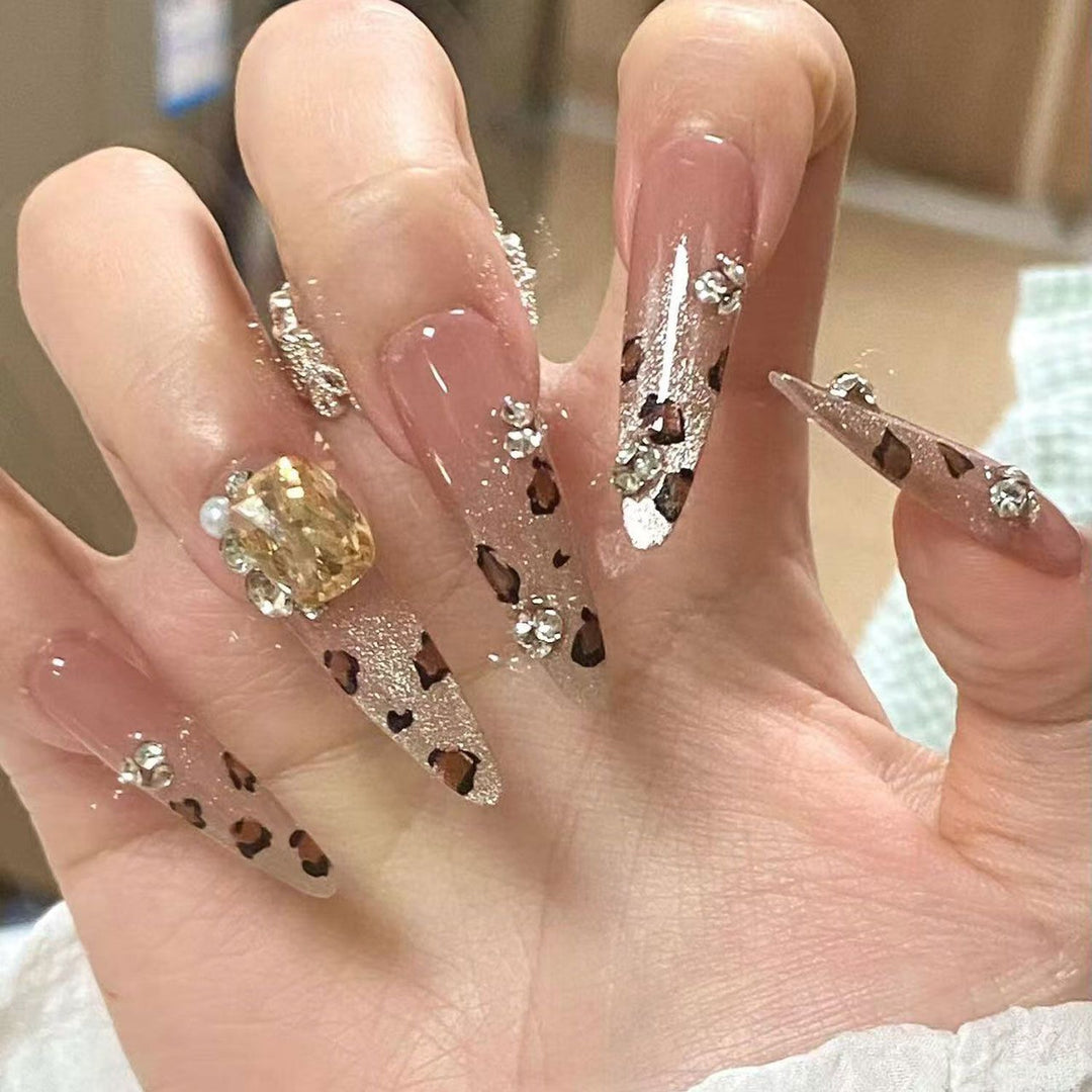 Artistic Stiletto Press-On Nails with Glitter and Leopard Design Bowlift