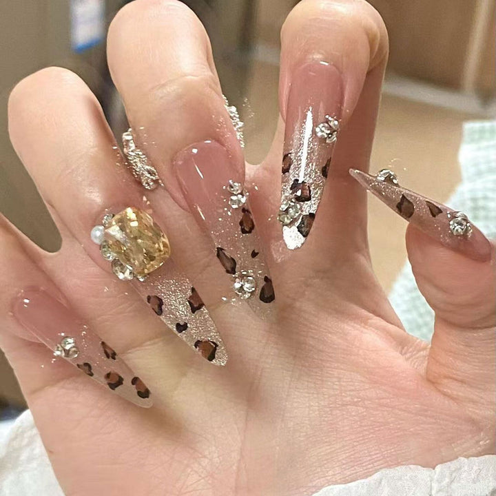 Artistic Stiletto Press-On Nails with Glitter and Leopard Design Bowlift