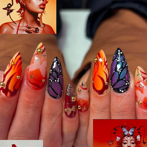 Artificial nails with creative butterfly design and glamorous accents Bowlift