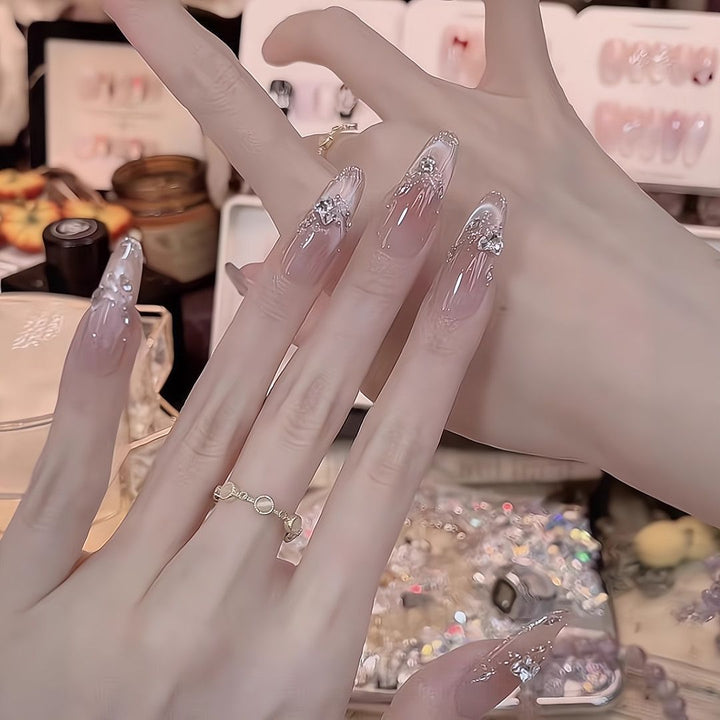 Elegant Decorative Press-On Nail Extensions with Pearls Bowlift