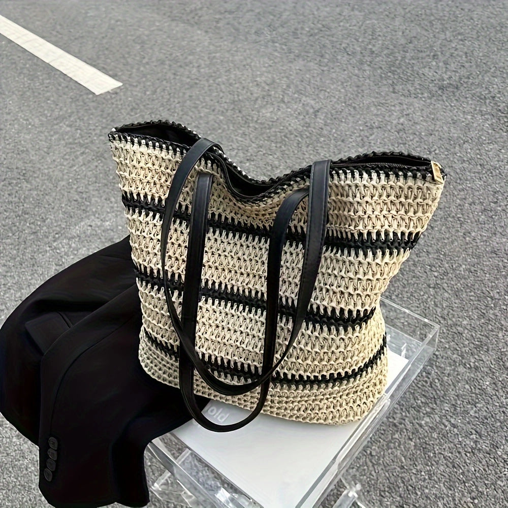 Elegant Raffia Shopping Bag with Leather Handles Bowlift