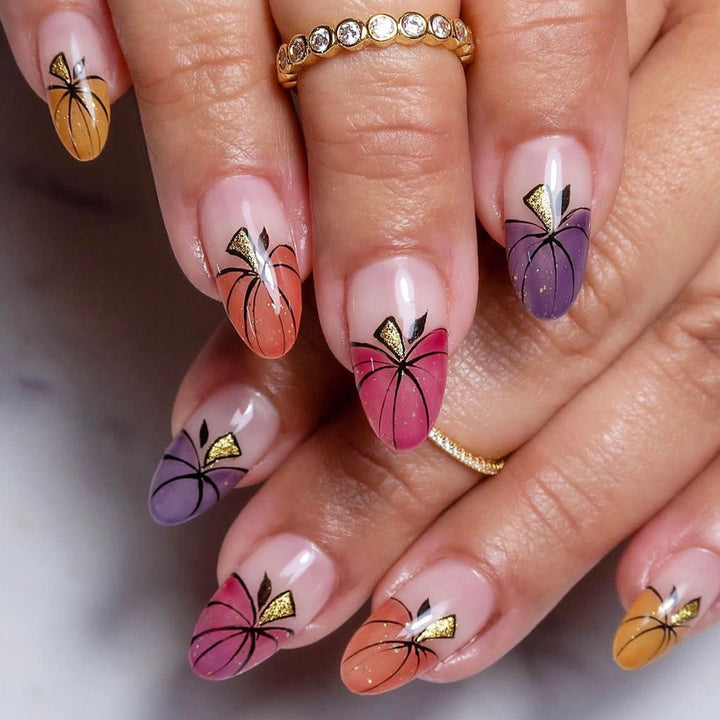 Artistic Press-On Nail Art Set with Pumpkin Design Bowlift