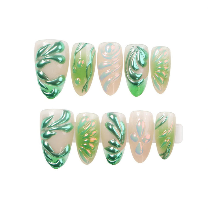 Artistic Press-On Nail Set with Leaf Design Bowlift
